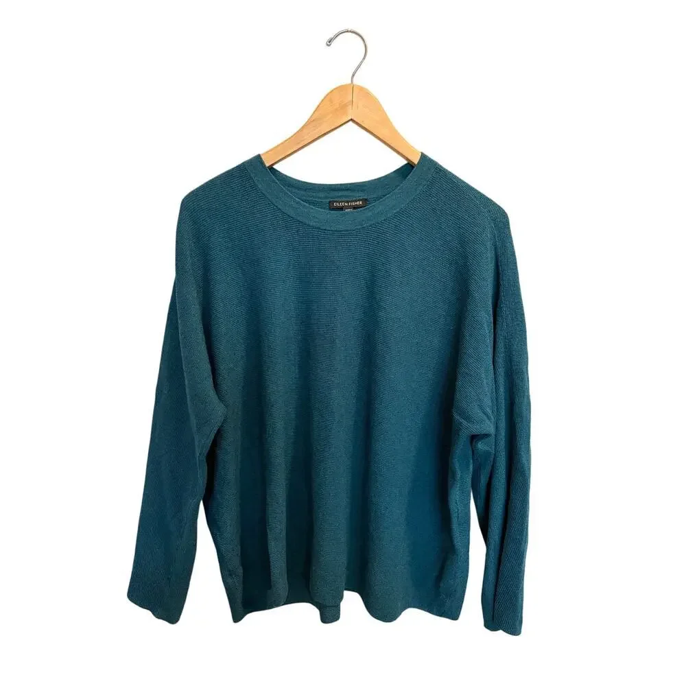 Eileen Fisher Women’s Linen Crepe Stretch Crew Neck Top Size L Teal Long Sleeve - Picture 4 of 7